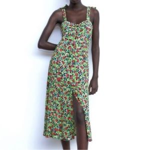 Zara Floral Print Midi Button Down Dress Size XS